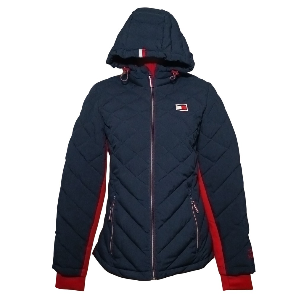 Tommy Hilfiger Quilted Hooded‎ Jacket Navy Blue Red Contrast Zip Pockets Size S